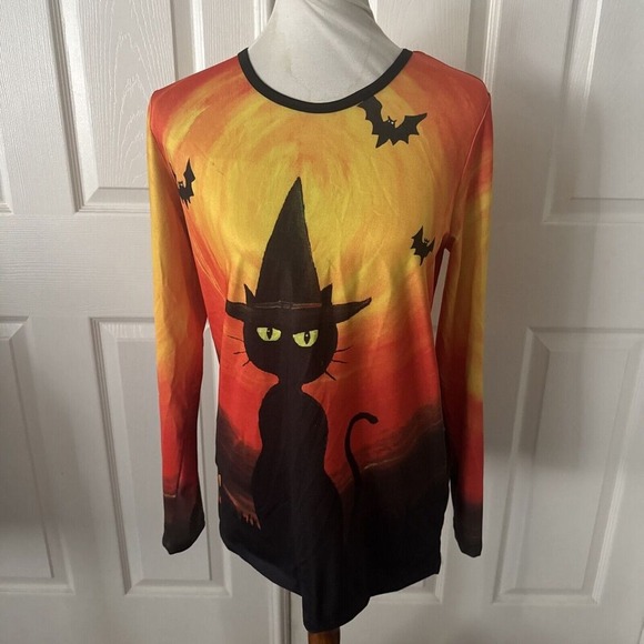 Serengeti Tops - Serengeti Womens Halloween Top Sz Medium Cat Bat Holiday Orange Stretch Festive
